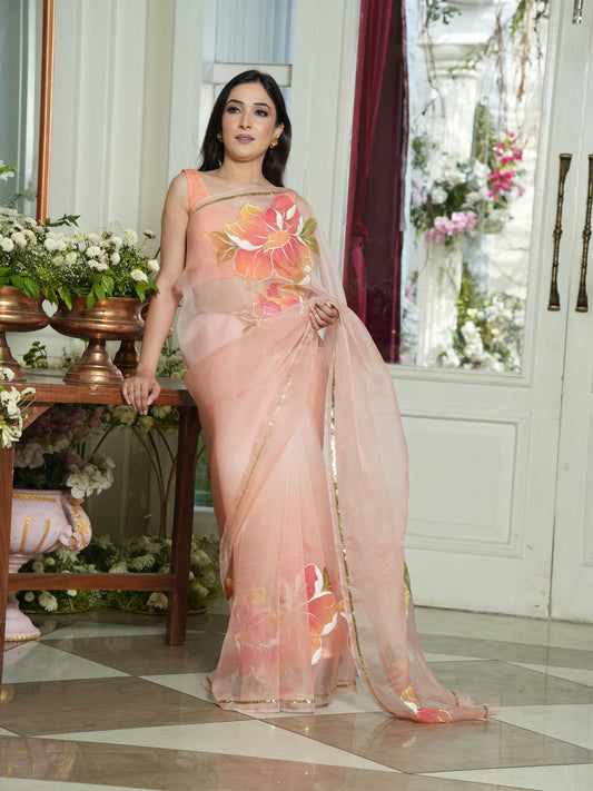 Handpainted Coral Blossom Organza Saree