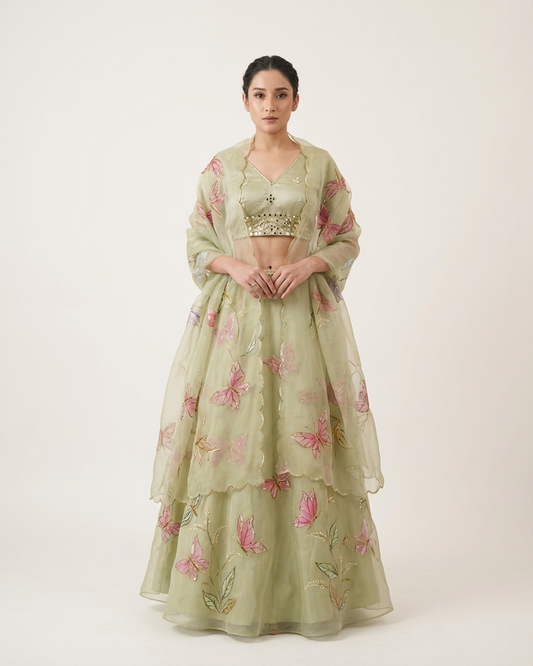 Handpainted Sage Butterfly Lehenga Set