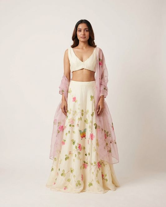 Handpainted Butterfly Meadow Lehenga Set