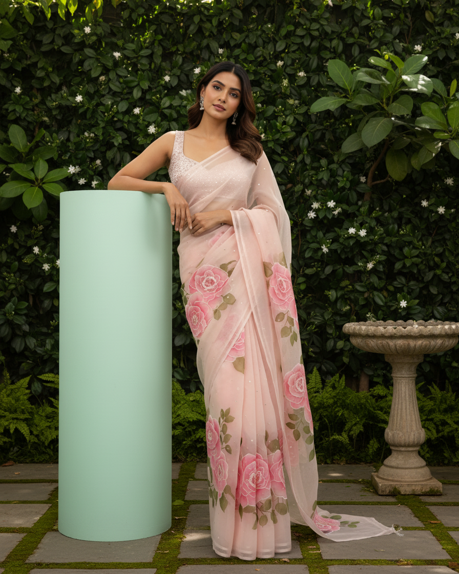 Handpainted Blush Rose Organza Saree