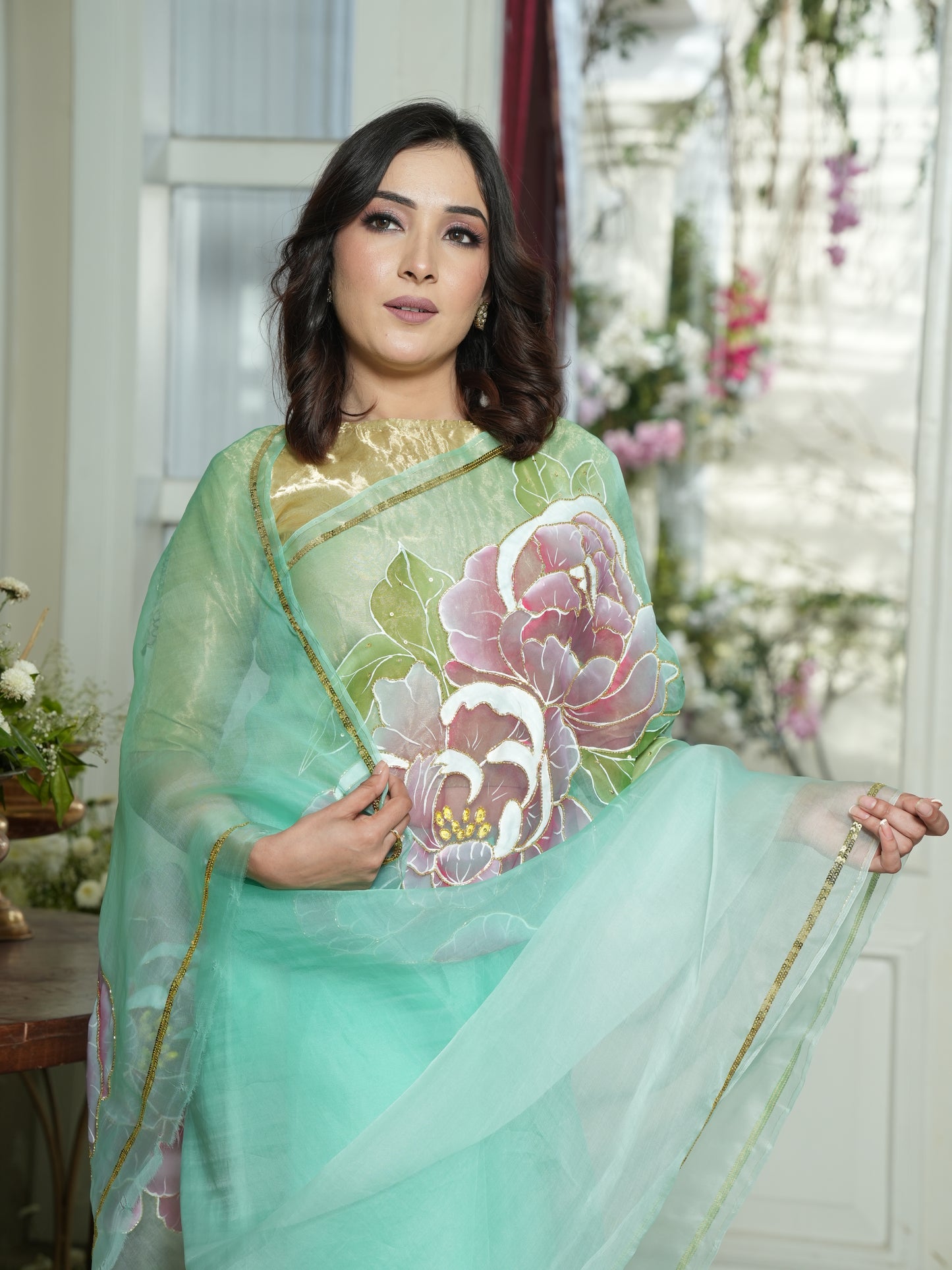 Handpainted Mint Peony Organza Saree