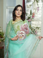 Handpainted Mint Peony Organza Saree