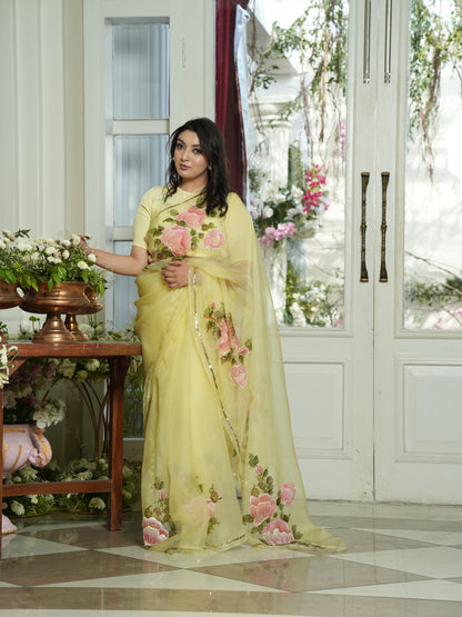 Handpainted Buttercup Peony Organza Saree