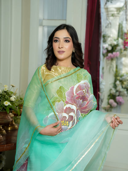 Handpainted Mint Peony Organza Saree