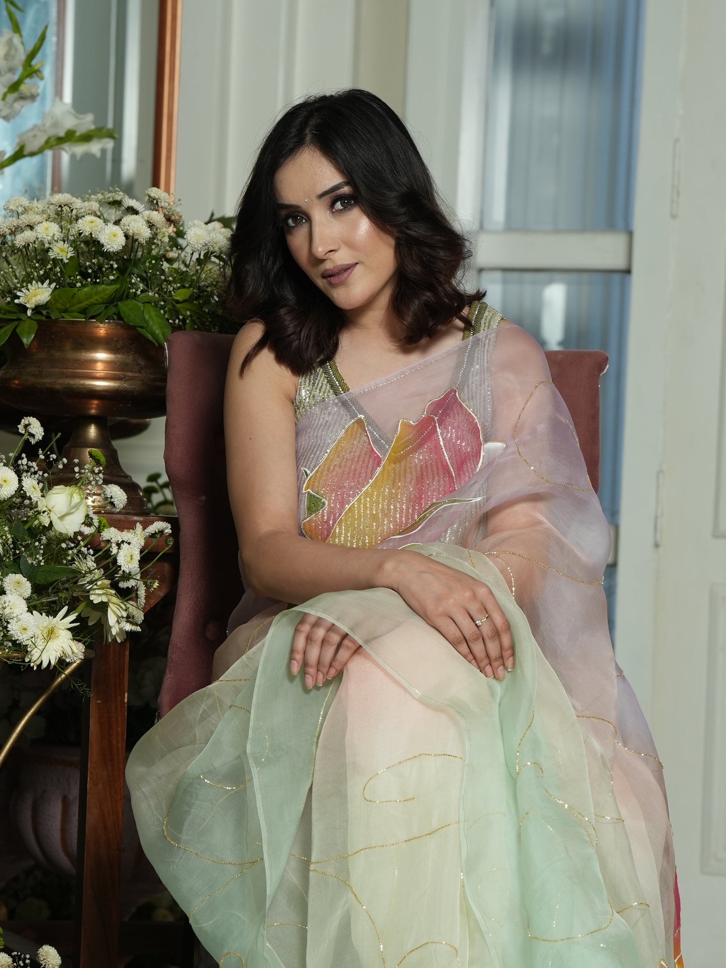 Handpainted Lotus Bloom Organza Saree