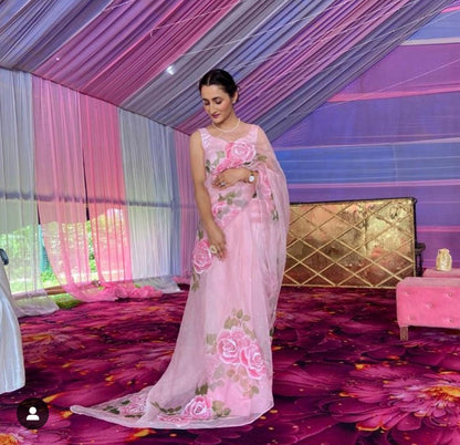 Handpainted Blush Rose Organza Saree