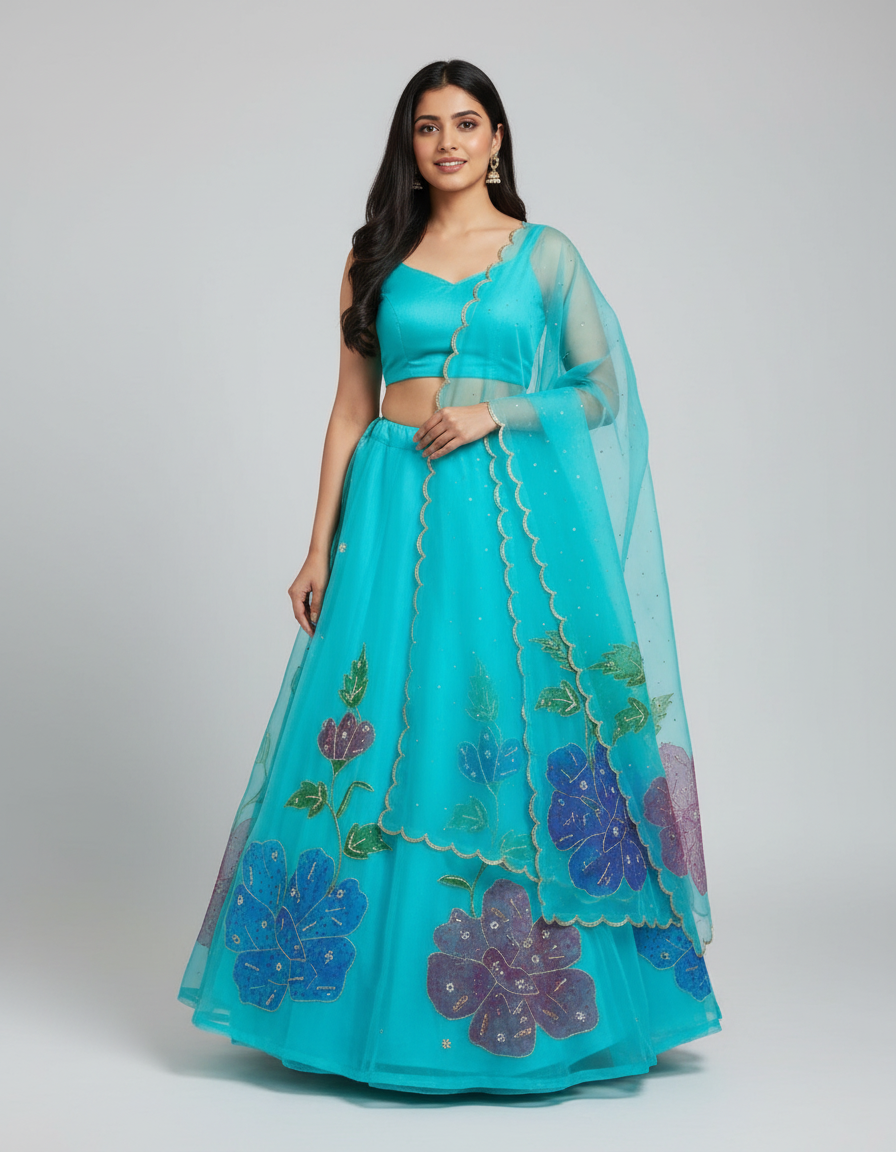 Handpainted Aqua Blossom Lehenga Set