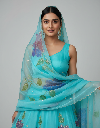 Handpainted Aqua Blossom Lehenga Set