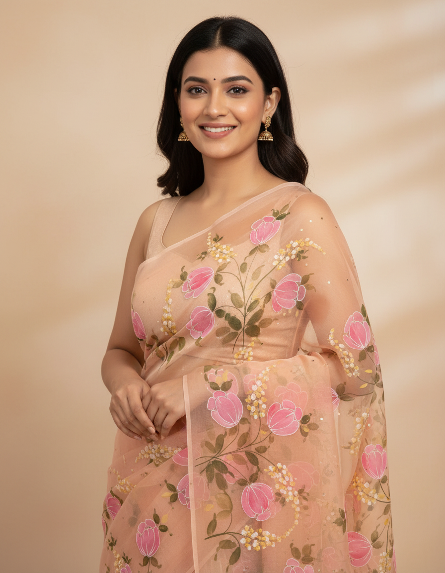 Handpainted Peach Blossom Organza Saree