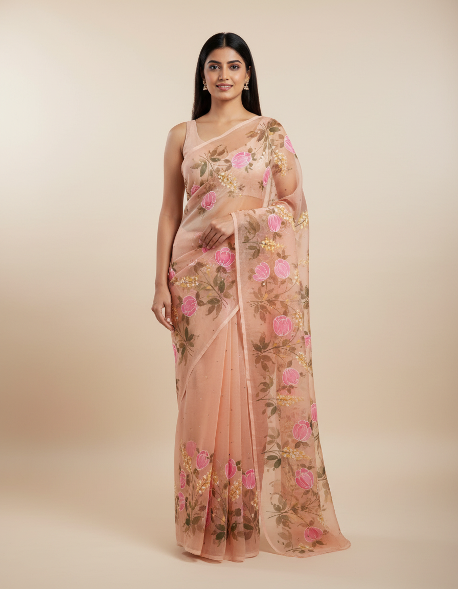 Handpainted Peach Blossom Organza Saree