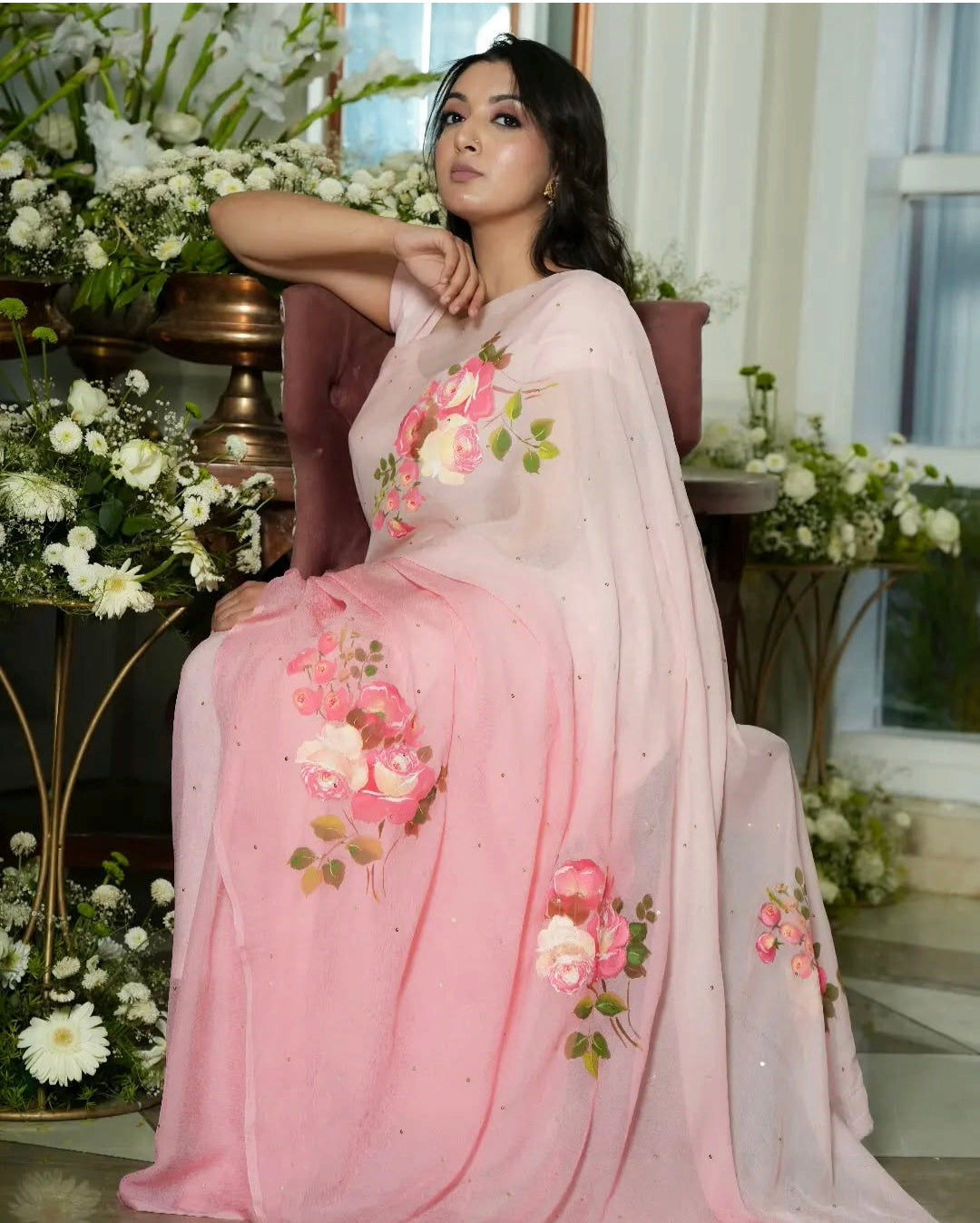 Handpainted Blush Rose Organza Saree