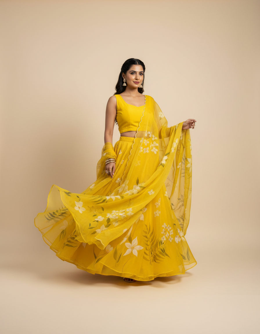 Handpainted Sunshine Blossom Lehenga Set