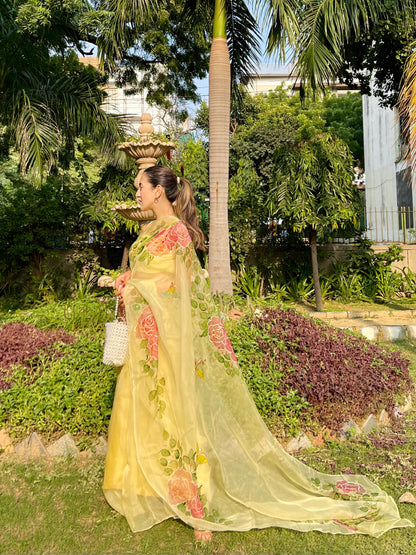 Handpainted Rose Garden Organza Saree