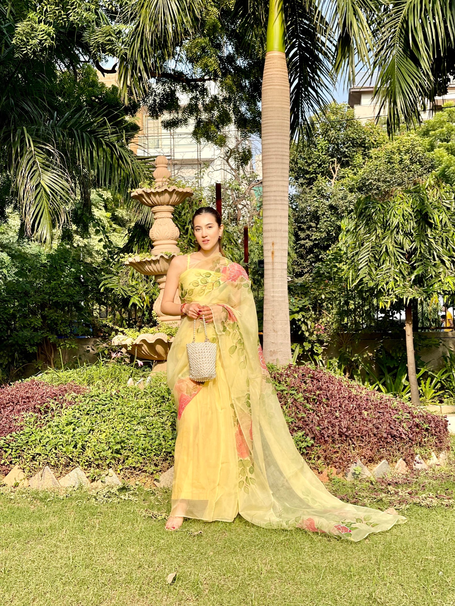 Handpainted Rose Garden Organza Saree