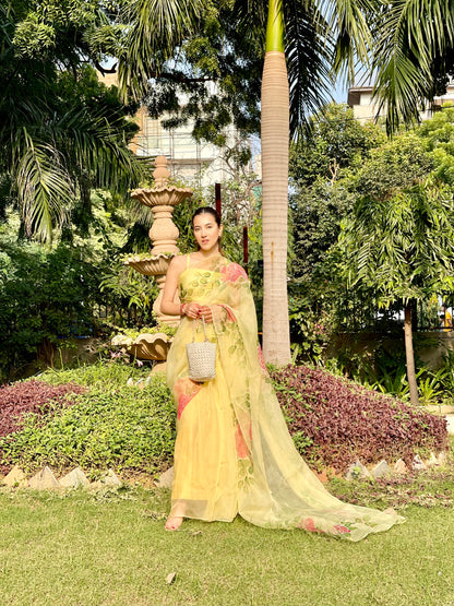 Handpainted Rose Garden Organza Saree