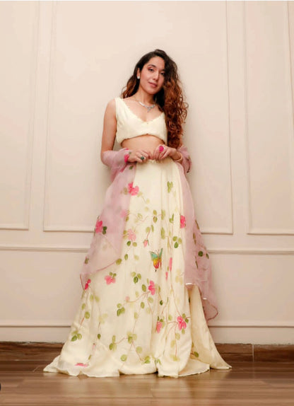 Handpainted Butterfly Meadow Lehenga Set