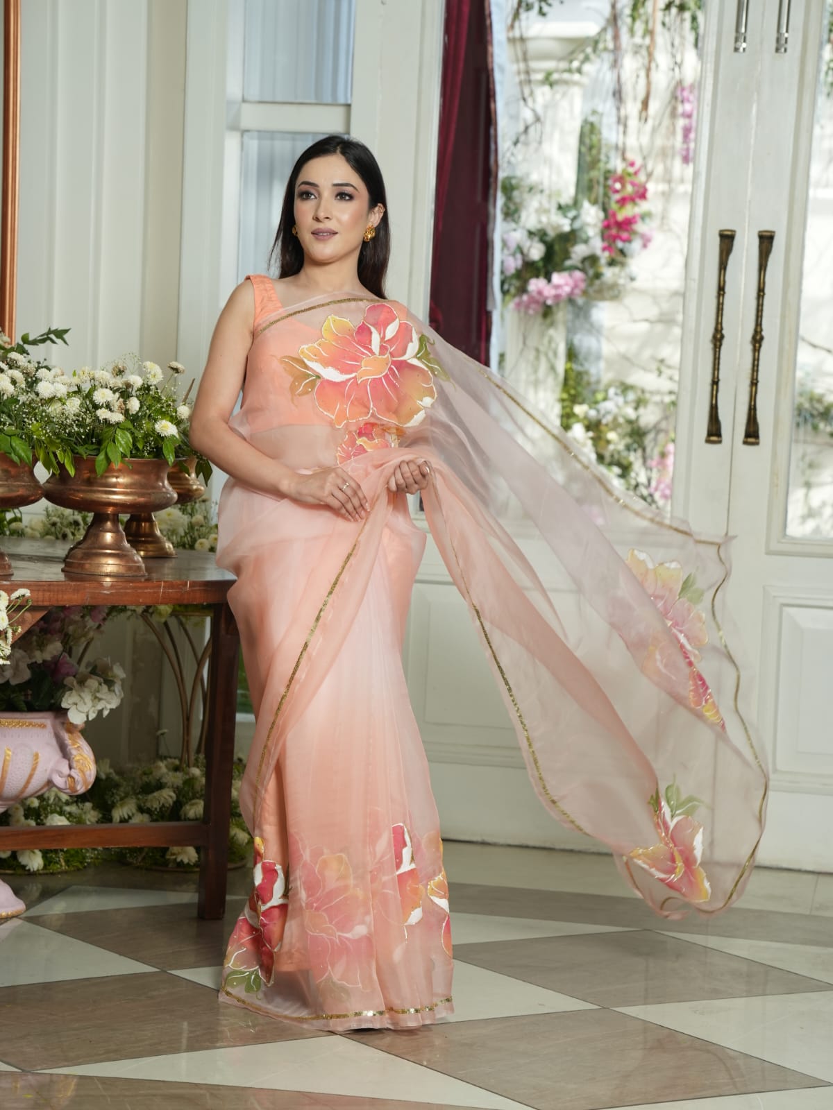 Handpainted Coral Blossom Organza Saree