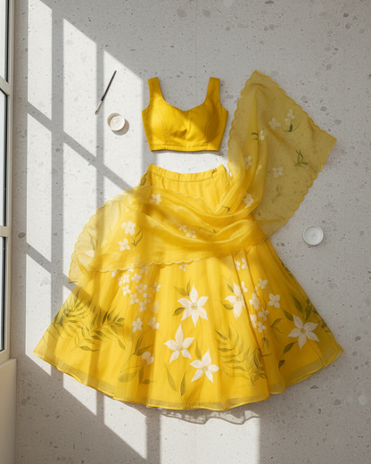 Handpainted Sunshine Blossom Lehenga Set
