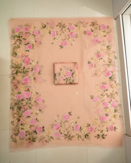 Handpainted Peach Blossom Organza Saree