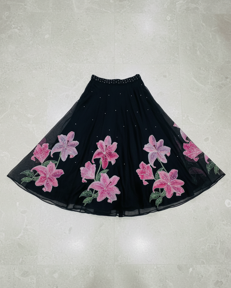 Handpainted Midnight Lily Lehenga Set