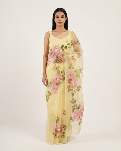 Handpainted Rose Garden Organza Saree