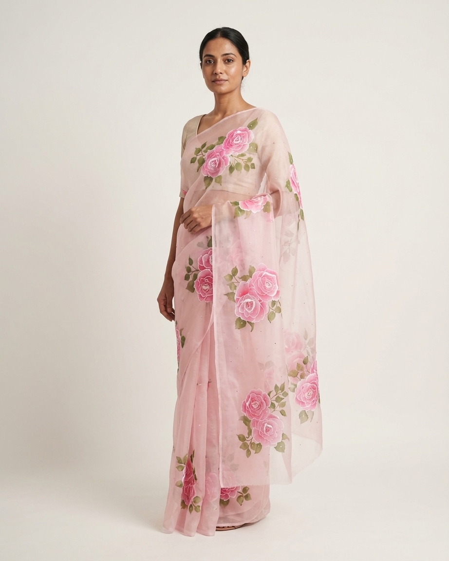 Handpainted Blush Rose Organza Saree