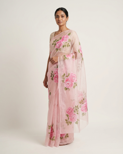 Handpainted Blush Rose Organza Saree