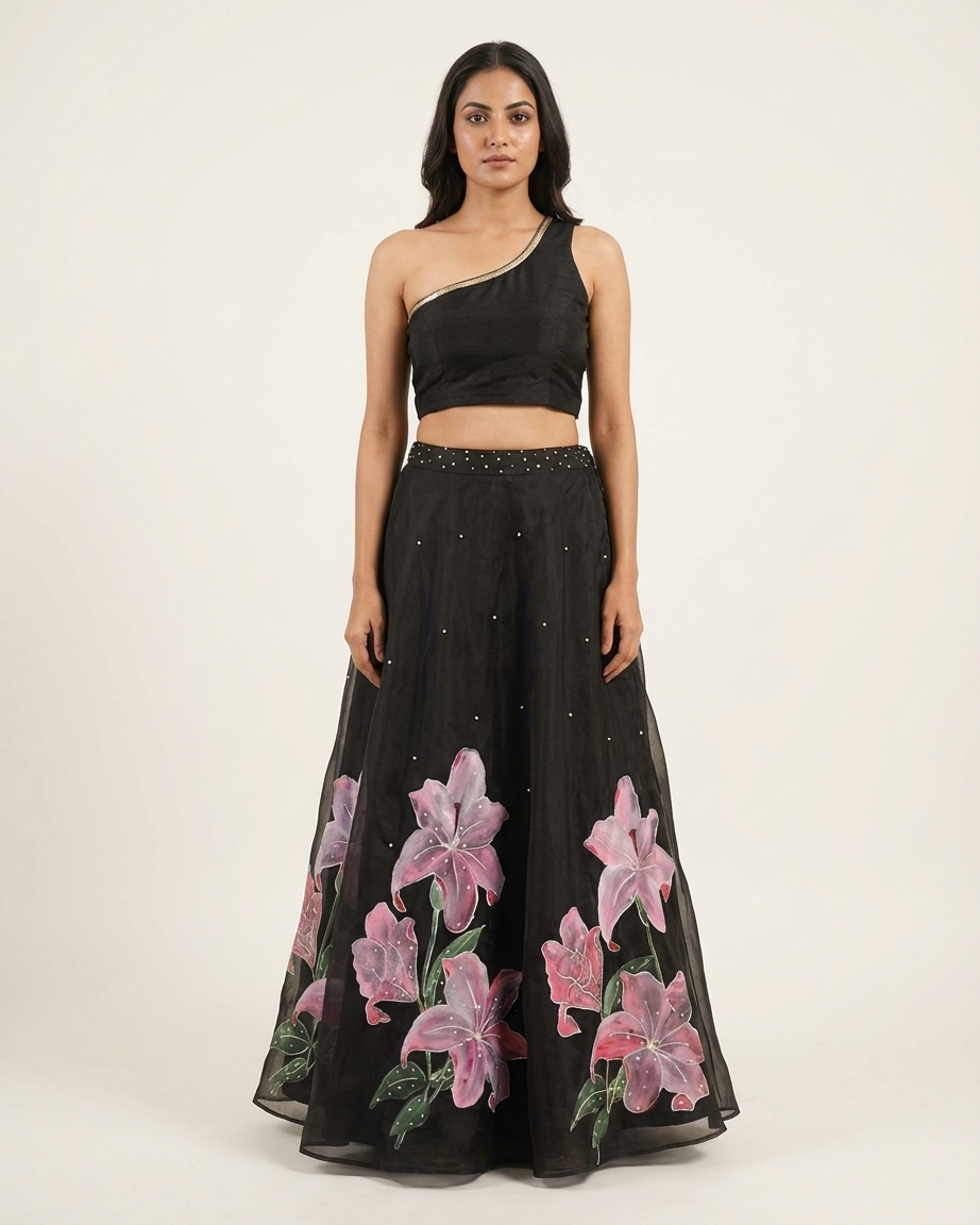 Handpainted Midnight Lily Lehenga Set