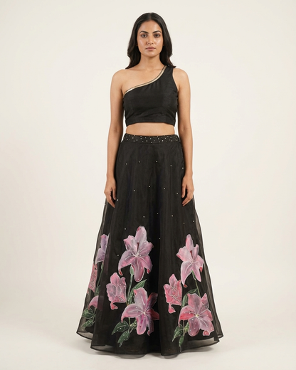 Handpainted Midnight Lily Lehenga Set