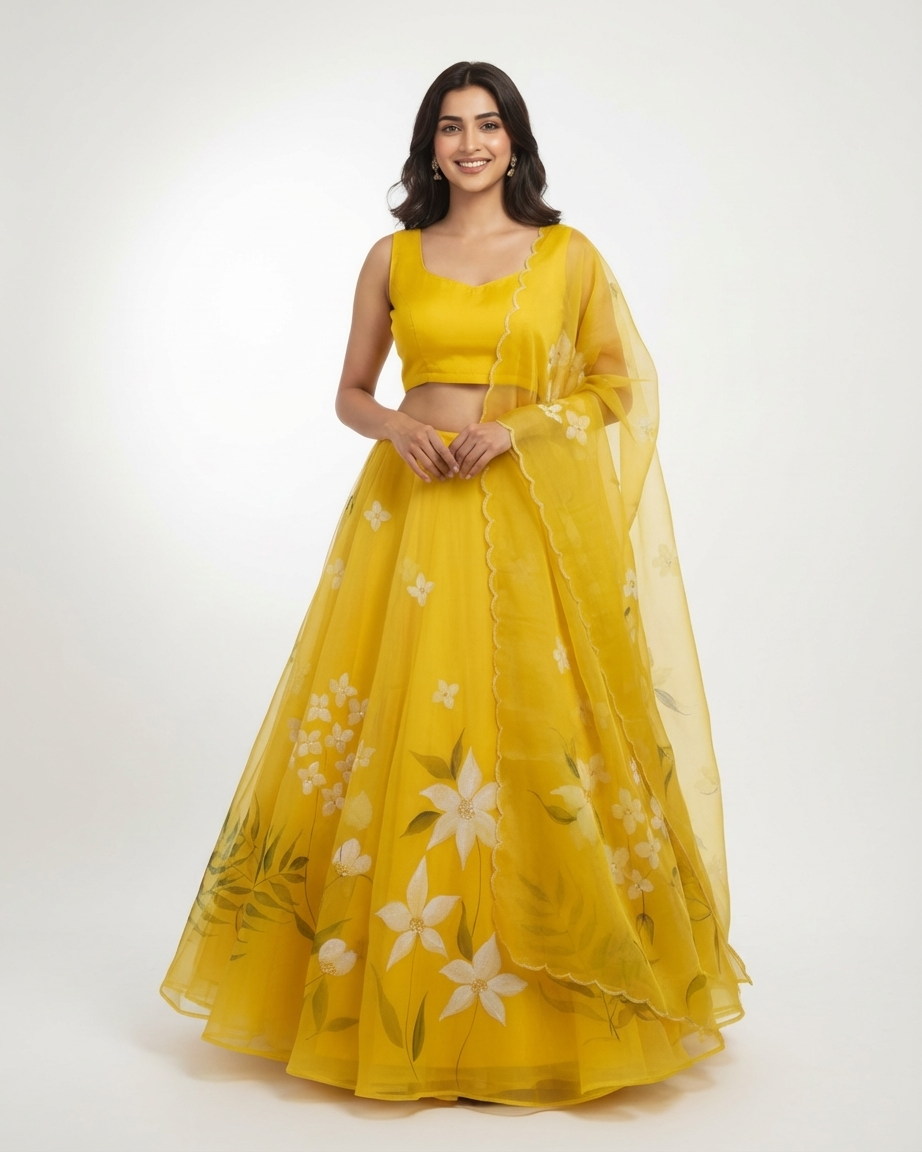Handpainted Sunshine Blossom Lehenga Set
