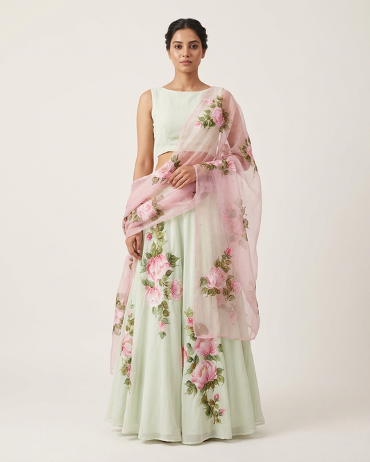 Handpainted Rose Garden Lehenga Set