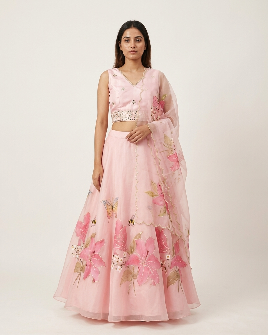 Handpainted Blush Butterfly Lehenga Set