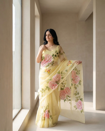 Handpainted Rose Garden Organza Saree