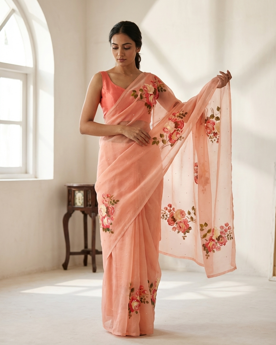 Handpainted Blush Rose Organza Saree