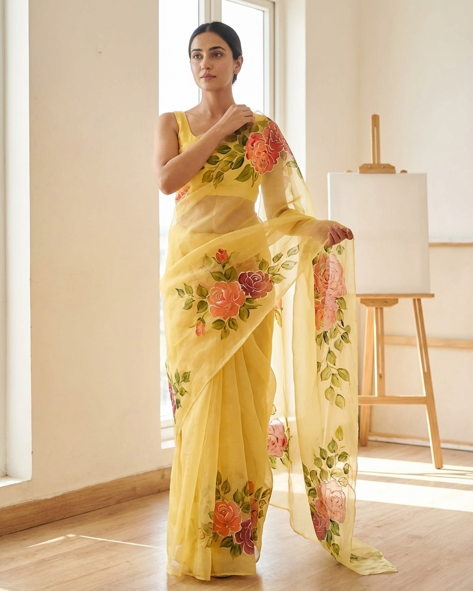 Handpainted Rose Garden Organza Saree