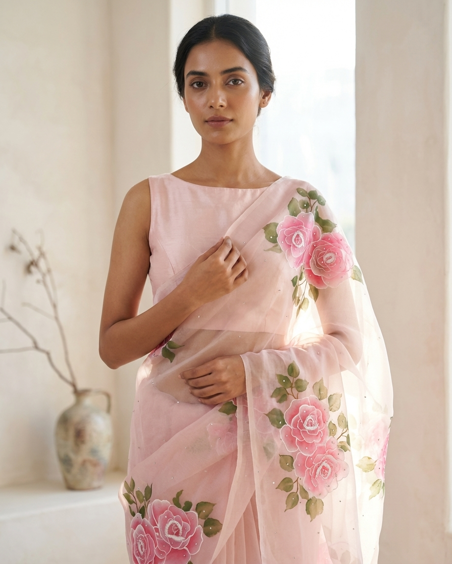 Handpainted Blush Rose Organza Saree