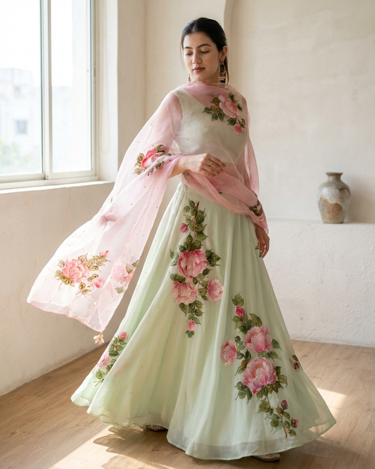 Handpainted Rose Garden Lehenga Set