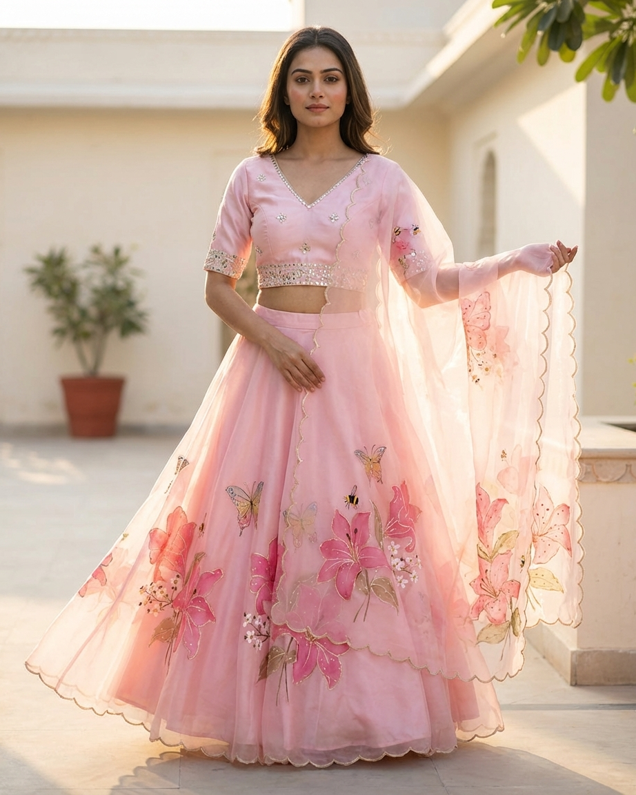 Handpainted Blush Butterfly Lehenga Set