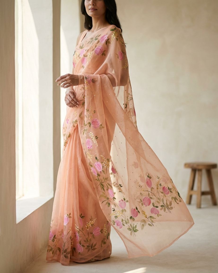 Handpainted Peach Blossom Organza Saree