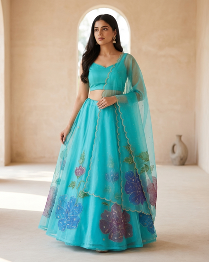 Handpainted Aqua Blossom Lehenga Set