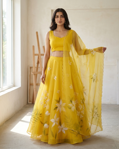 Handpainted Sunshine Blossom Lehenga Set