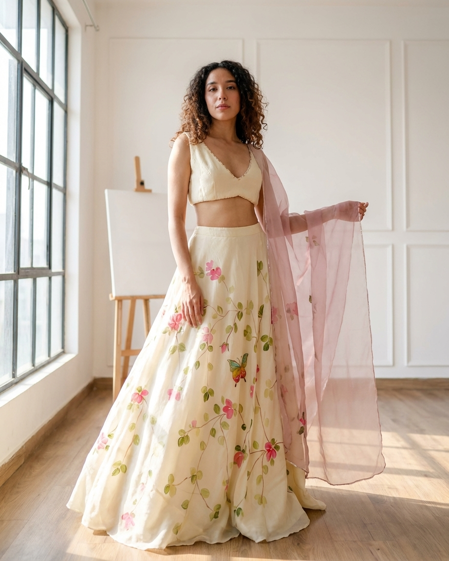 Handpainted Butterfly Meadow Lehenga Set