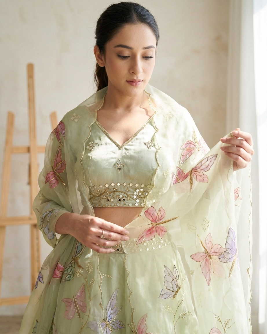 Handpainted Sage Butterfly Lehenga Set