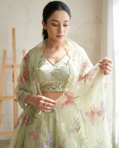 Handpainted Sage Butterfly Lehenga Set