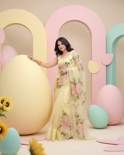 Handpainted Rose Garden Organza Saree
