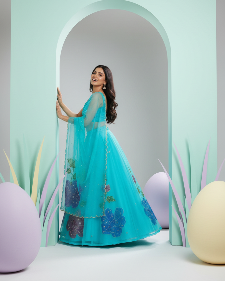 Handpainted Aqua Blossom Lehenga Set