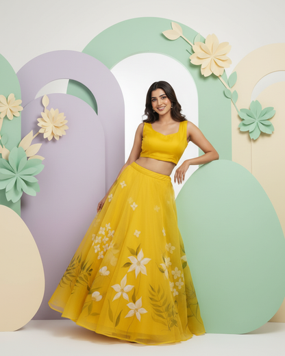 Handpainted Sunshine Blossom Lehenga Set