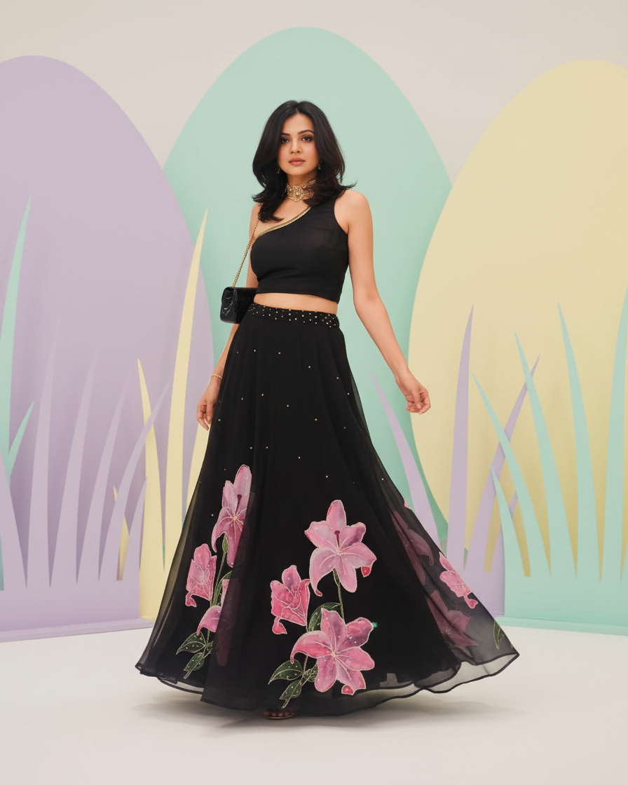 Handpainted Midnight Lily Lehenga Set