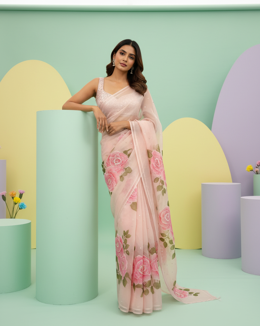 Handpainted Blush Rose Organza Saree