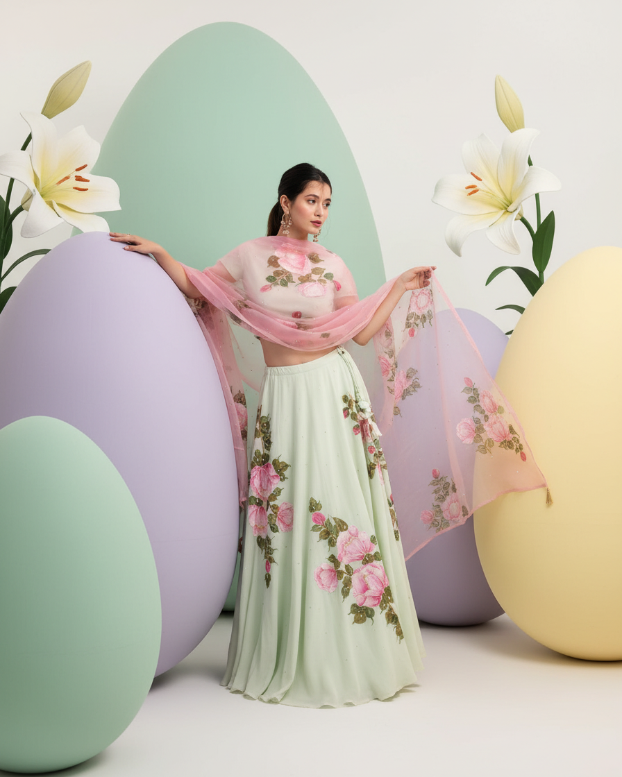Handpainted Rose Garden Lehenga Set